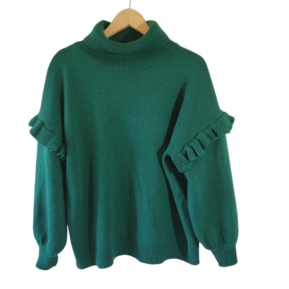 Vine & Love Mockneck Sweater Women's Sz S Emerald Green Ruffle Sleeve Minimalist